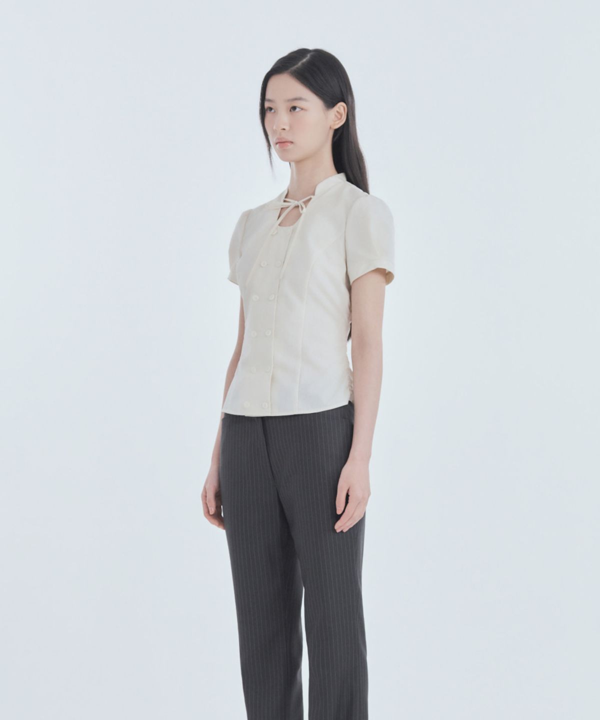 마우솔레움(MAU SOLEUM) Emma Tailored Semi Bootcut Slacks - Chacoal Stripe