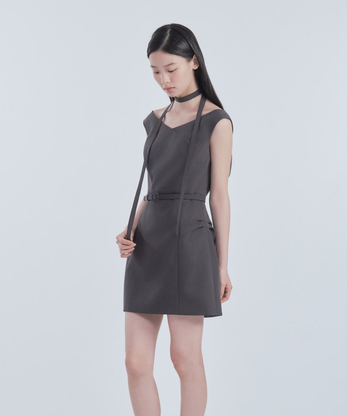 마우솔레움(MAU SOLEUM) Sienna Semi Off-Shoulder Mini Dress - Charcoal