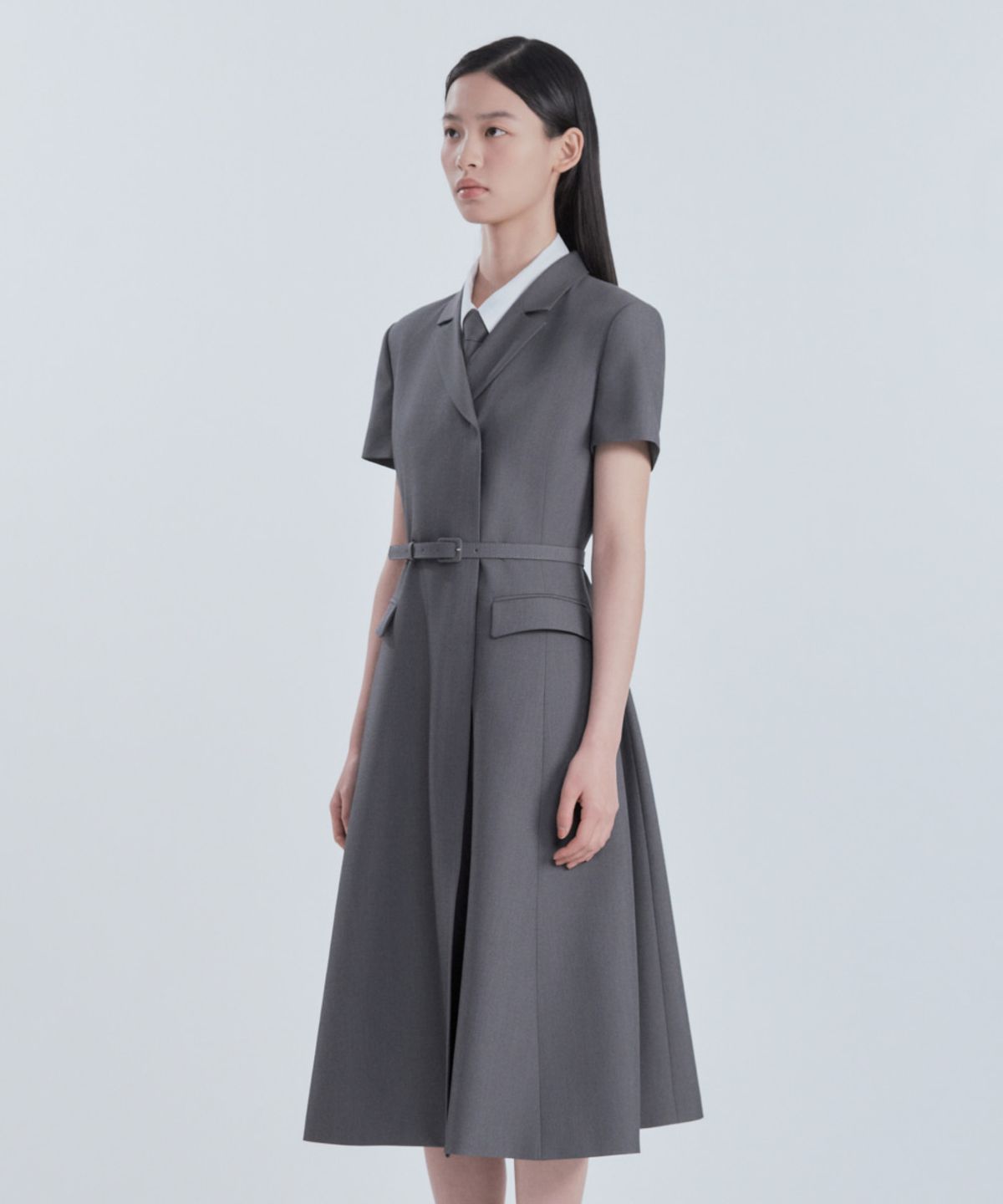 마우솔레움(MAU SOLEUM) Jenn Long Belted Half-Sleeve Dress - Grey