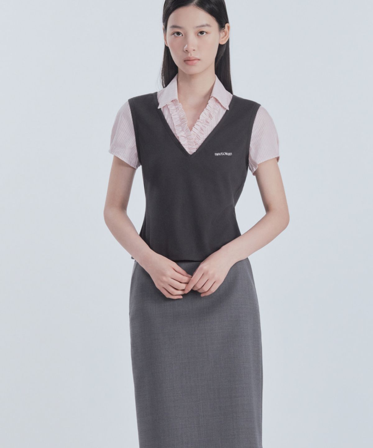 마우솔레움(MAU SOLEUM) Emma Layered Ruffle Blouse Top - Charcoal