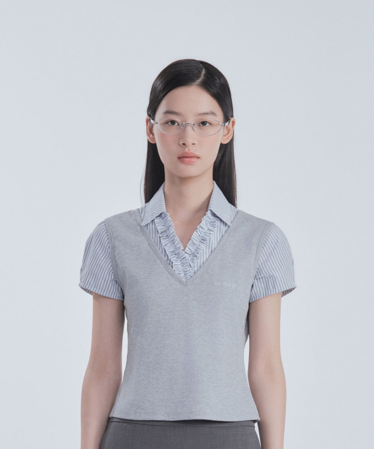 마우솔레움(MAU SOLEUM) Emma Layered Ruffle Blouse Top - Grey