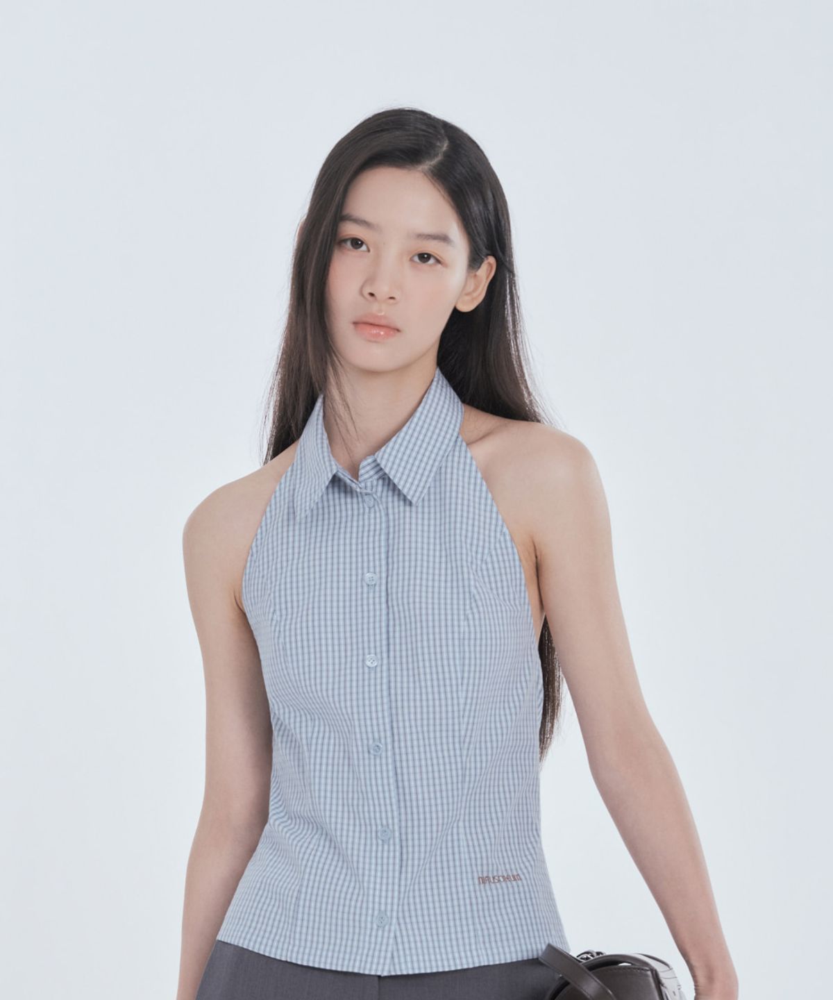 마우솔레움(MAU SOLEUM) Two-Way Collar Halter Shirt - SkyBlue Check
