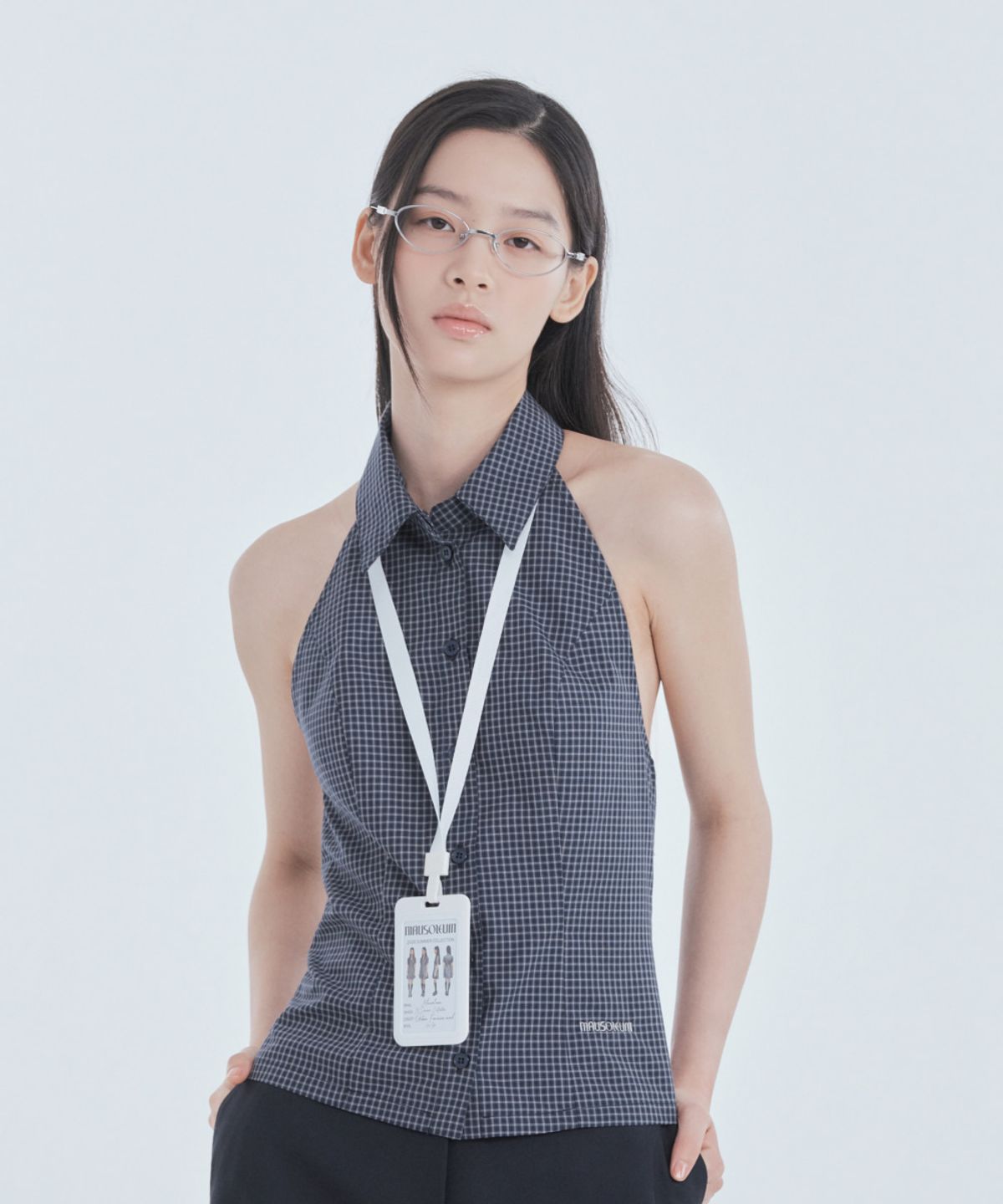 마우솔레움(MAU SOLEUM) Two-Way Collar Halter Shirt - Navy Check