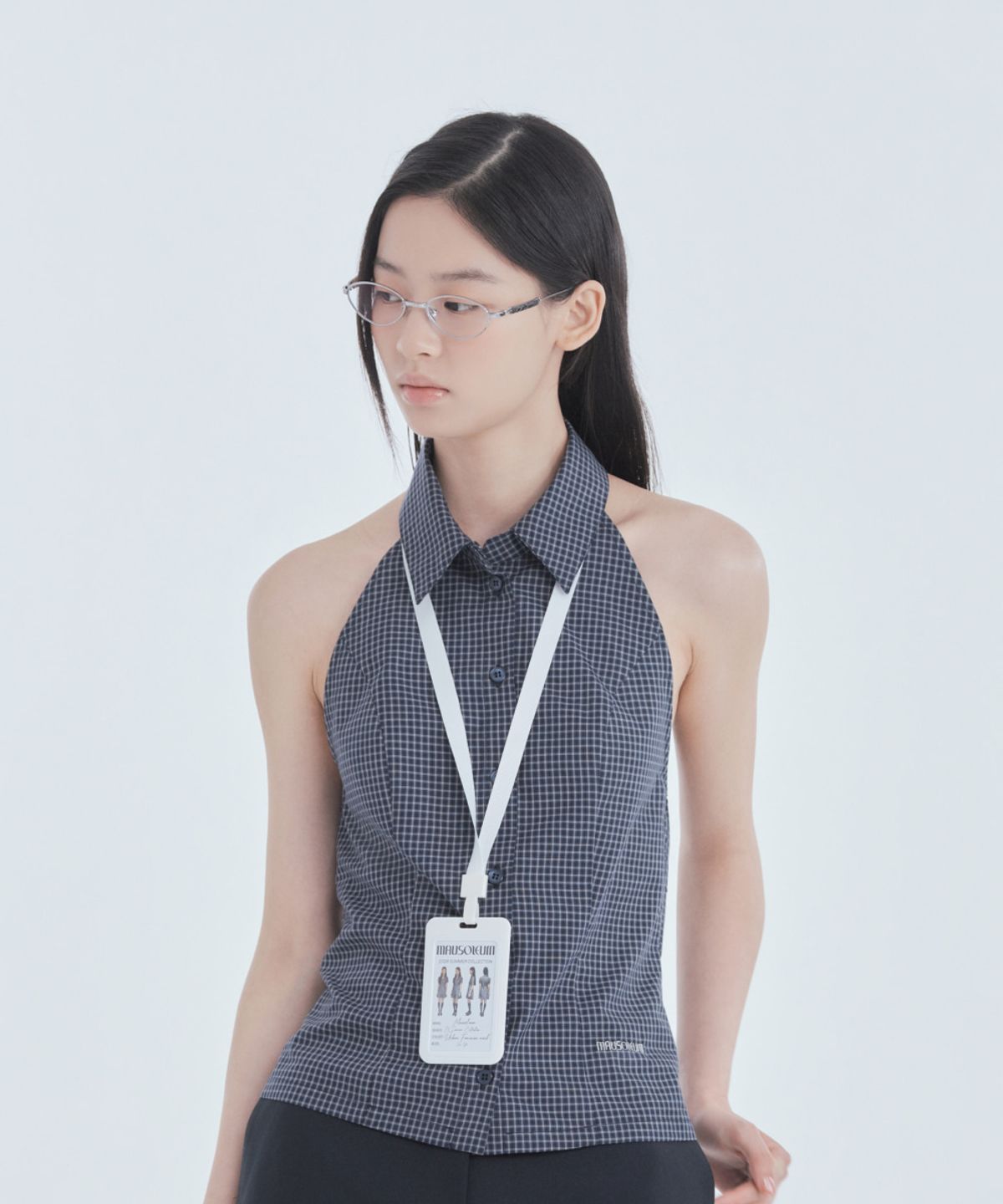 마우솔레움(MAU SOLEUM) Two-Way Collar Halter Shirt - Navy Check