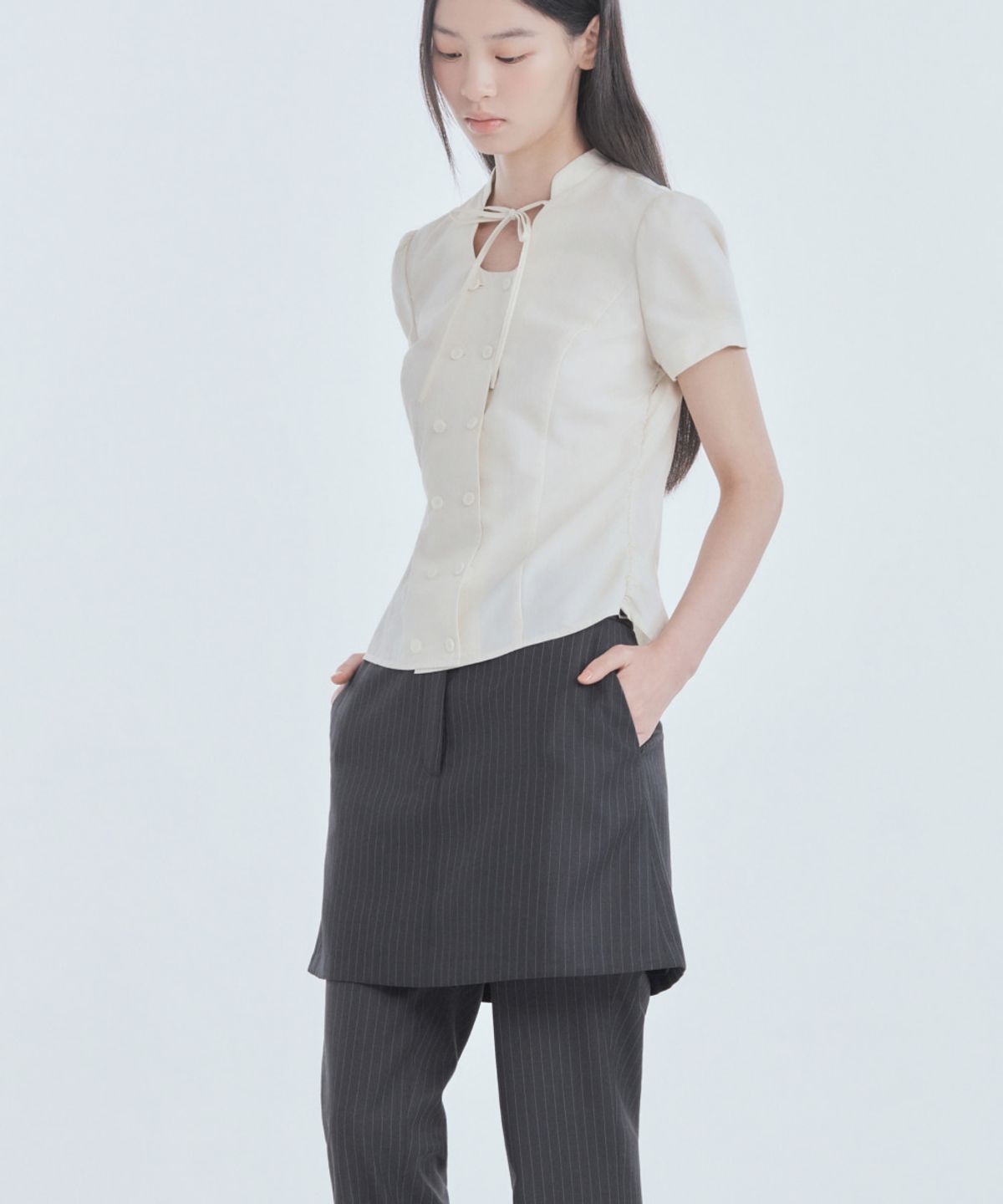 마우솔레움(MAU SOLEUM) Mila Waist A-Line Skirt - Charcoal Stripe