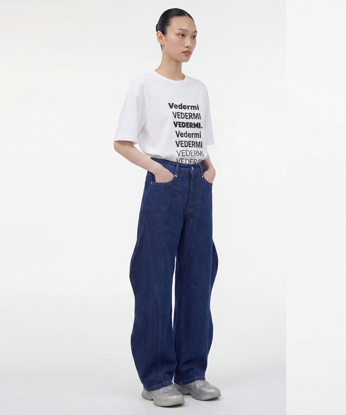 베데르미(VEDERMI) deep blue wave curved denim pants