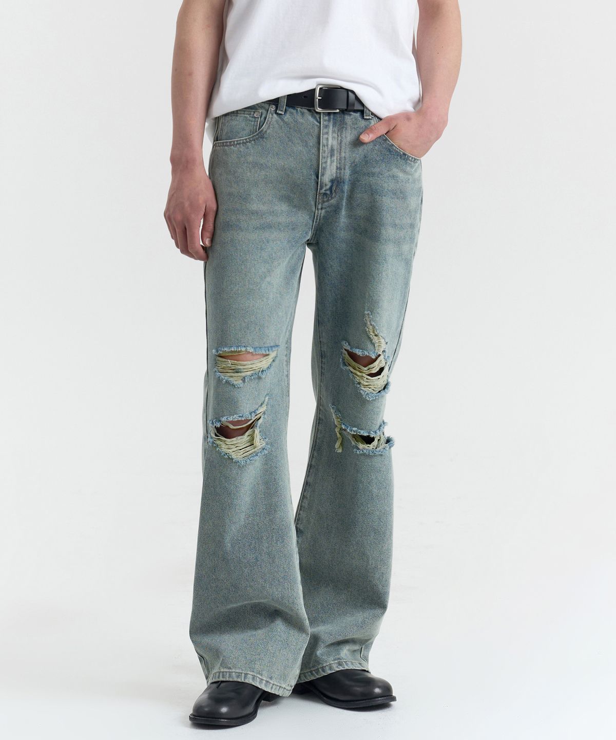 노페이머스(NOFAMOUS) Wide Flare Damage Jeans (Blue)