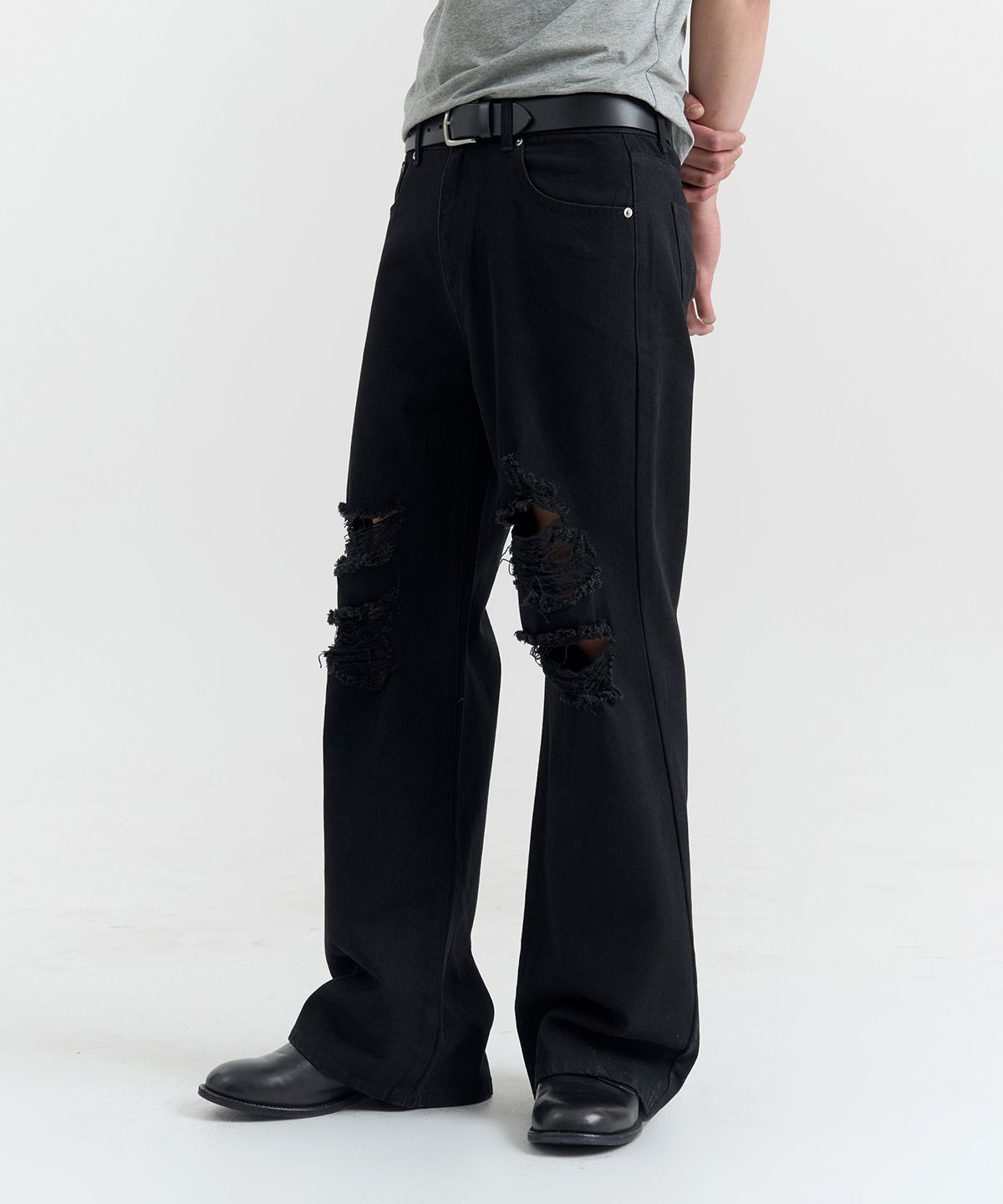 노페이머스(NOFAMOUS) Wide Flare Damage Jeans (Black)