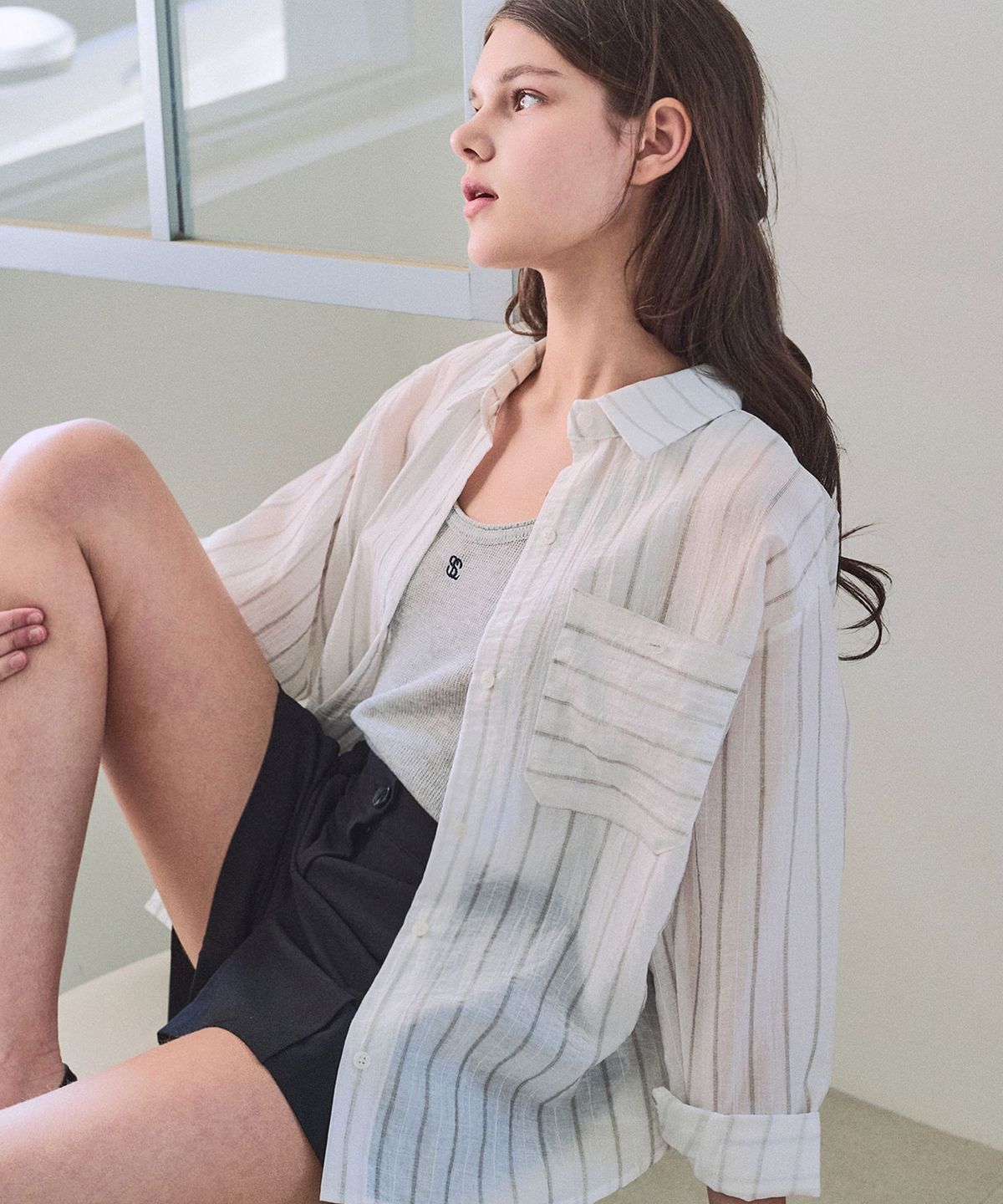 슬로우롤리(SLOWLOLLI) Nube tencel stripe shirt_2 Colors