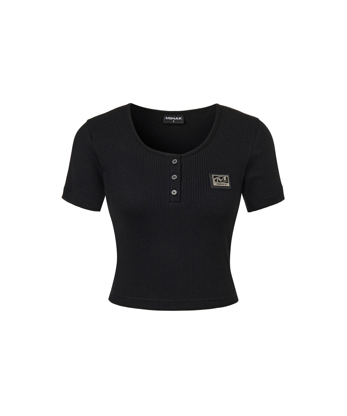 미학(MIHAK) 메탈 플레이트 크롭 헨리넥 티셔츠 (BLACK)