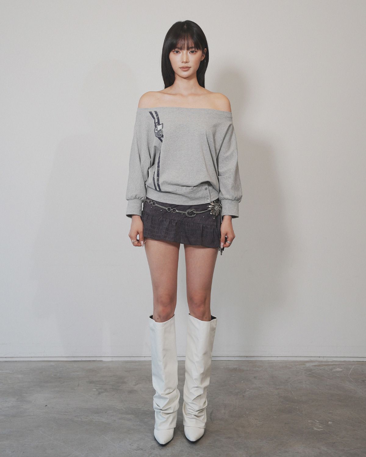 여린(YEORIN) Double Line Boat Neck T-Shirts (M gray)