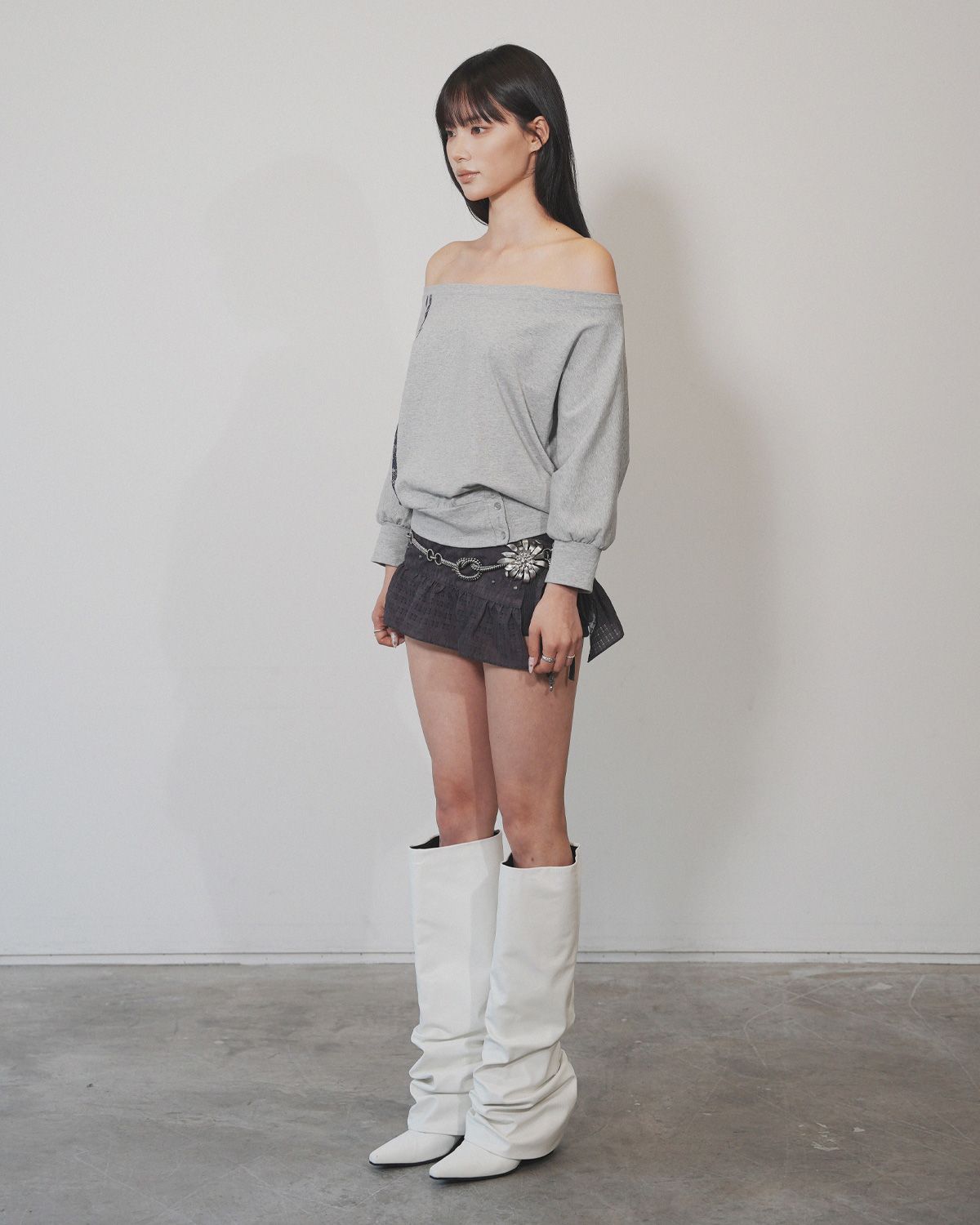 여린(YEORIN) Double Line Boat Neck T-Shirts (M gray)