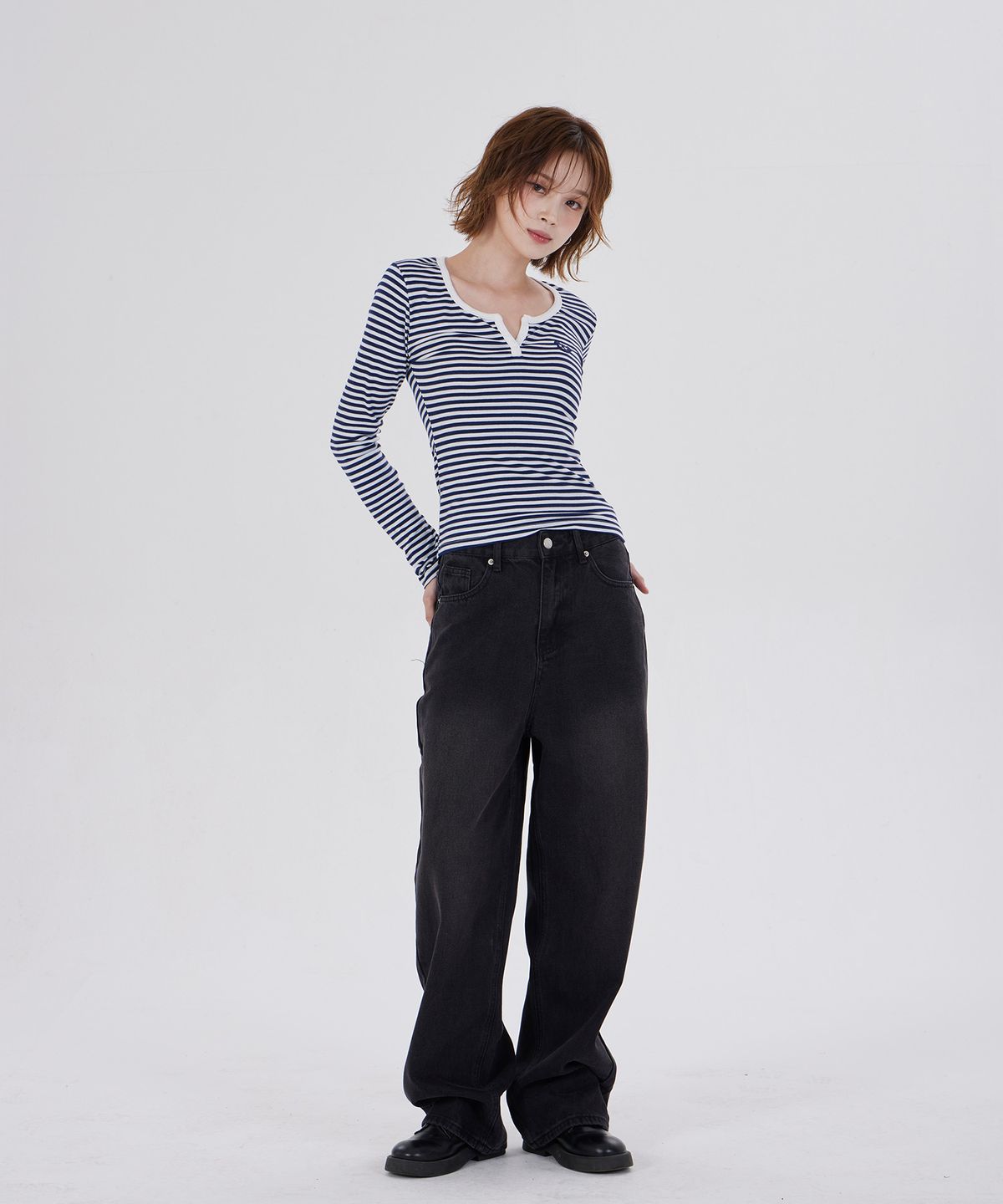 디스펑트(DYSFUNCT) STRIPE ROUND EMBROIDER T-SHIRT(NAVY)