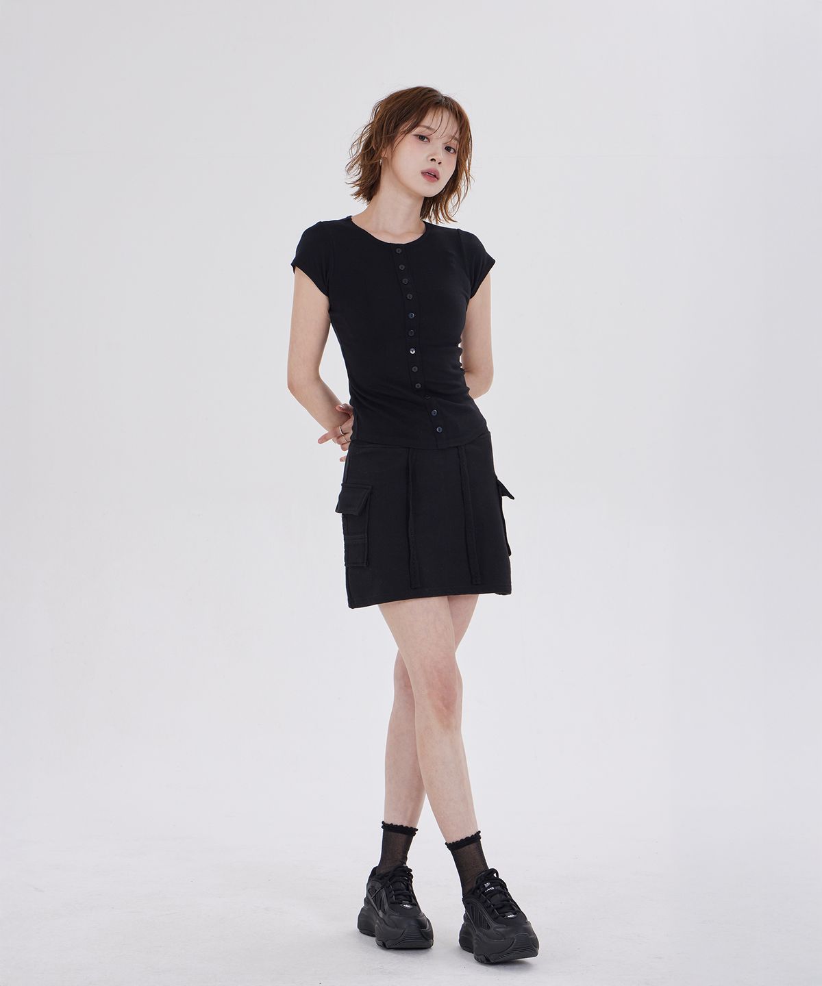 디스펑트(DYSFUNCT) BANDED POCKET MINI SKIRT(BLACK)