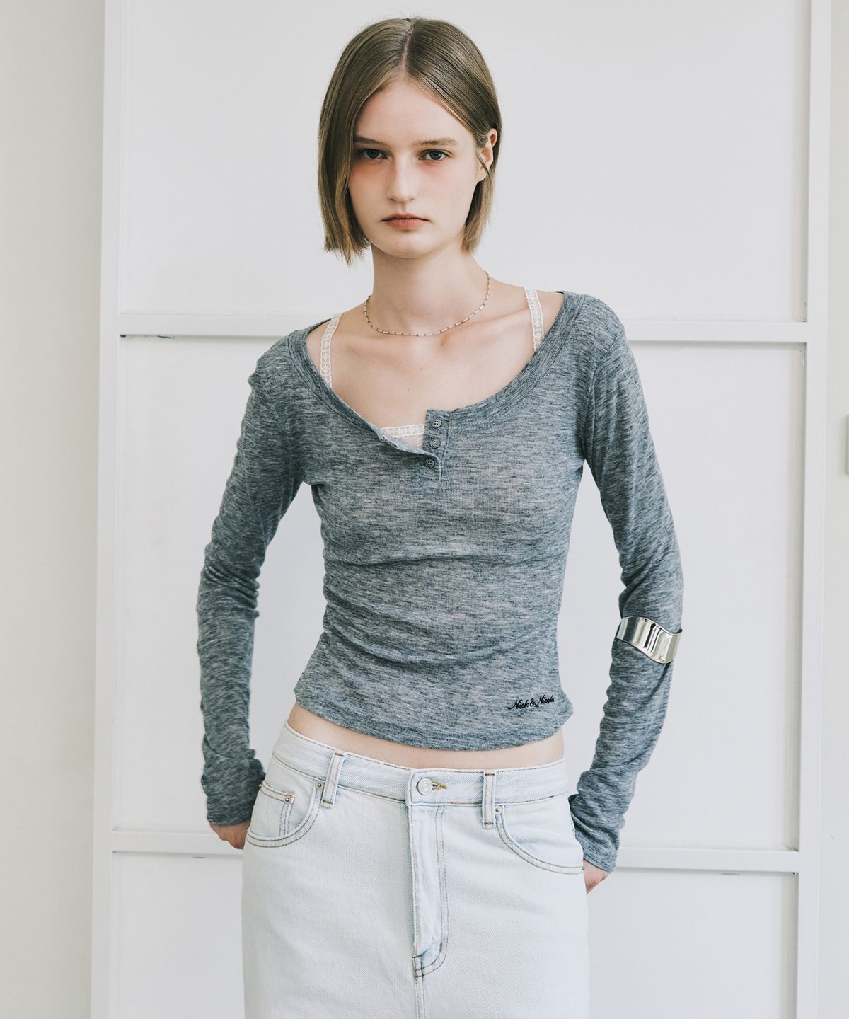 닉앤니콜(NICK&NICOLE) SOFT BUTTON SLIM TOP_GRAY