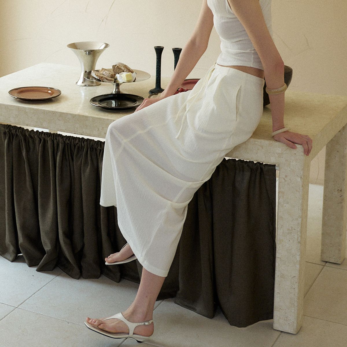 노우드(NOEUD) Fluid Wrinkle Skirt (Ivory)