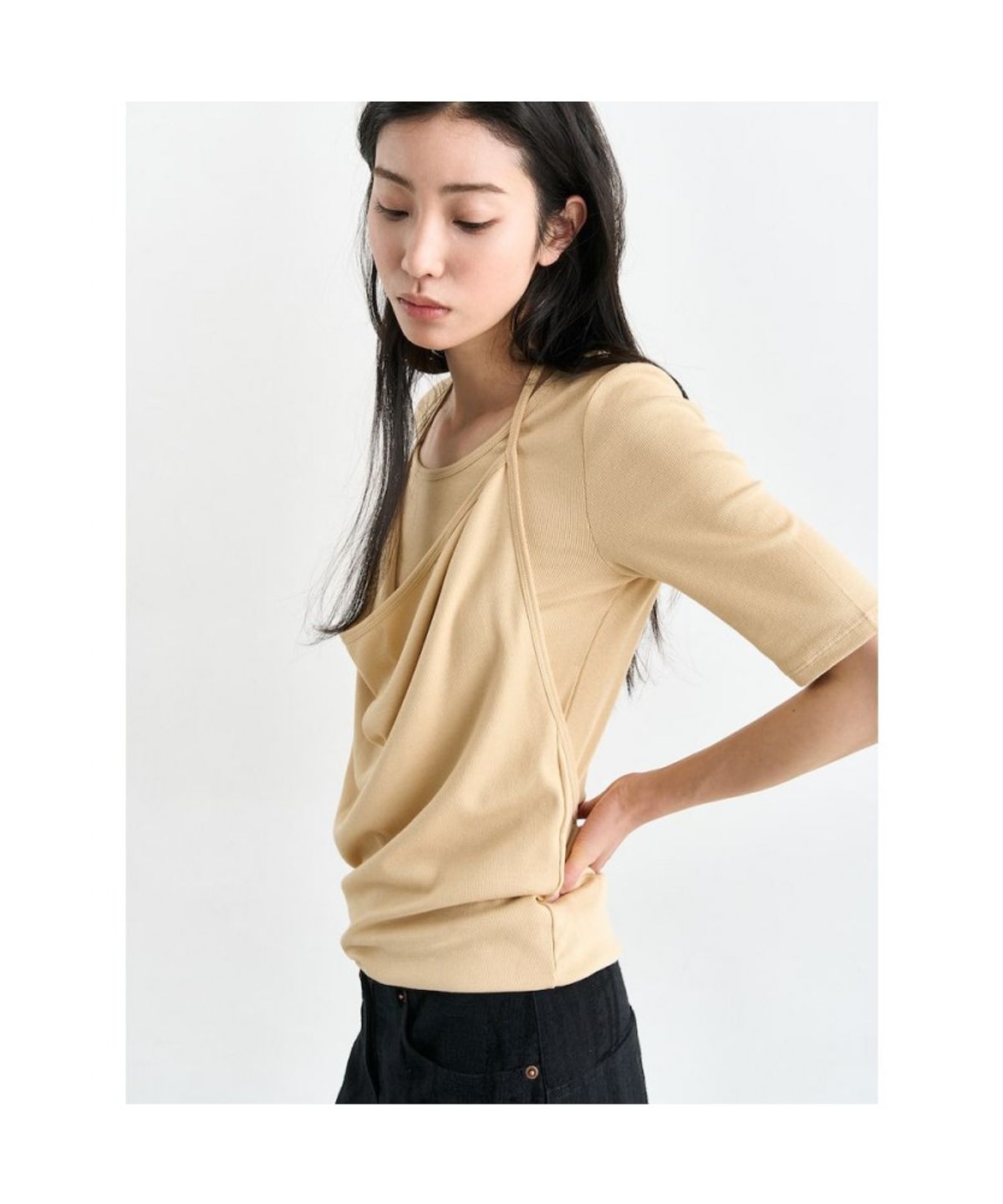 앙개(ANGGAE) Layering Short Sleeve TShirts  Beige