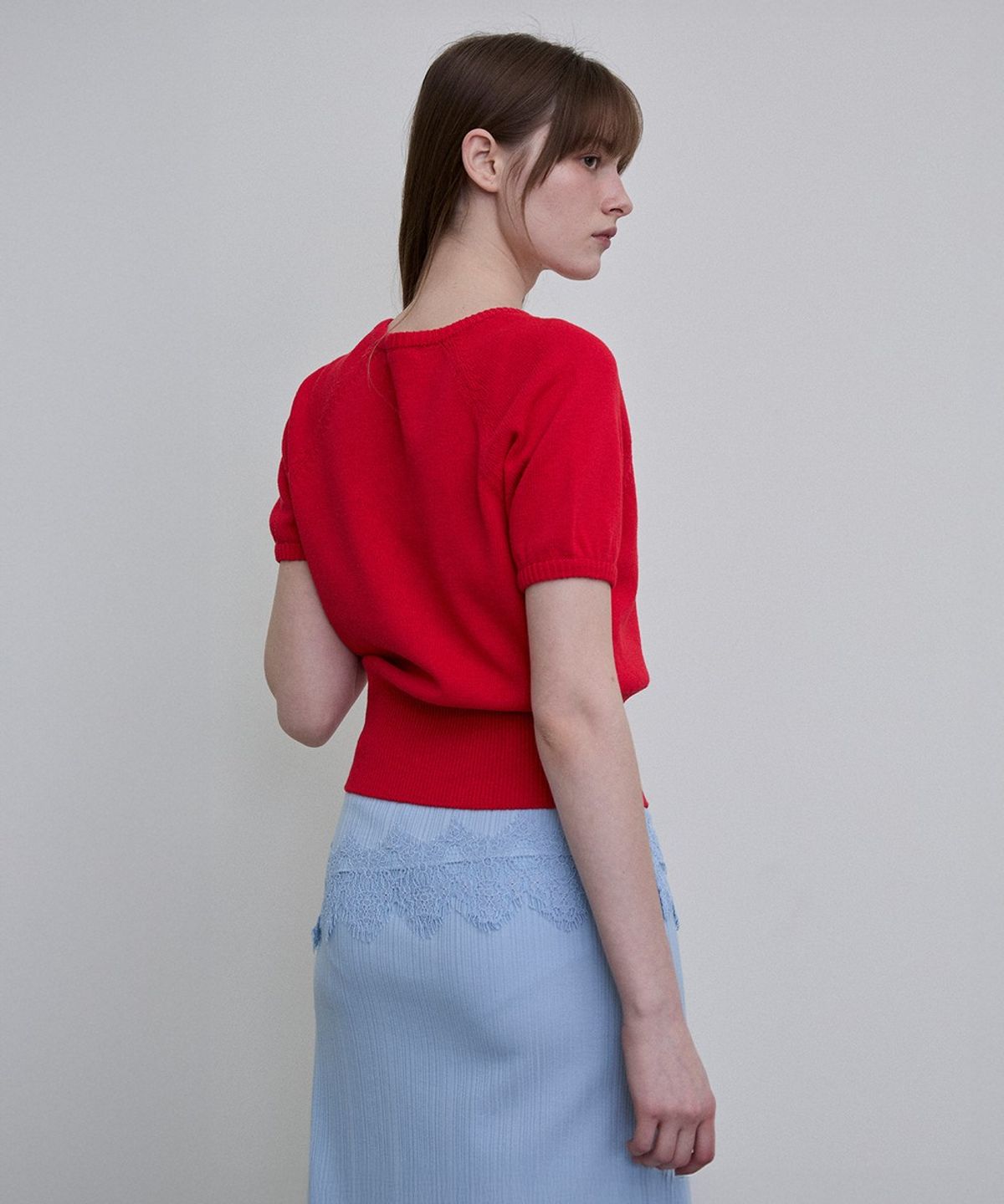 디에토(DEETO) Italian Yarn Puff Sleeve V-Neck Knit [RED]