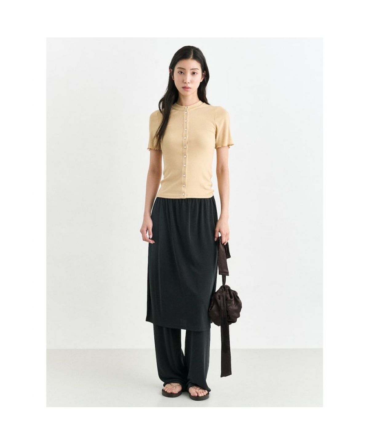 앙개(ANGGAE) Jersey Short Sleeve Cardigan  Beige