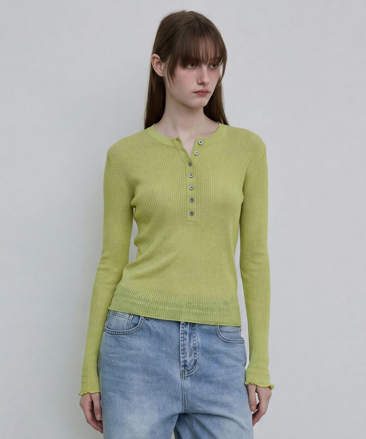 디에토(DEETO) Sheer Ribbed Henley Top [GREEN]