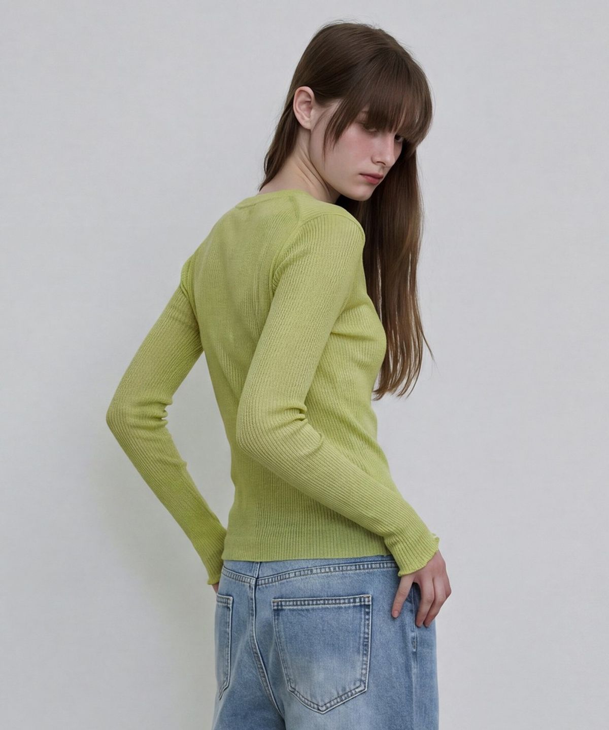 디에토(DEETO) Sheer Ribbed Henley Top [GREEN]