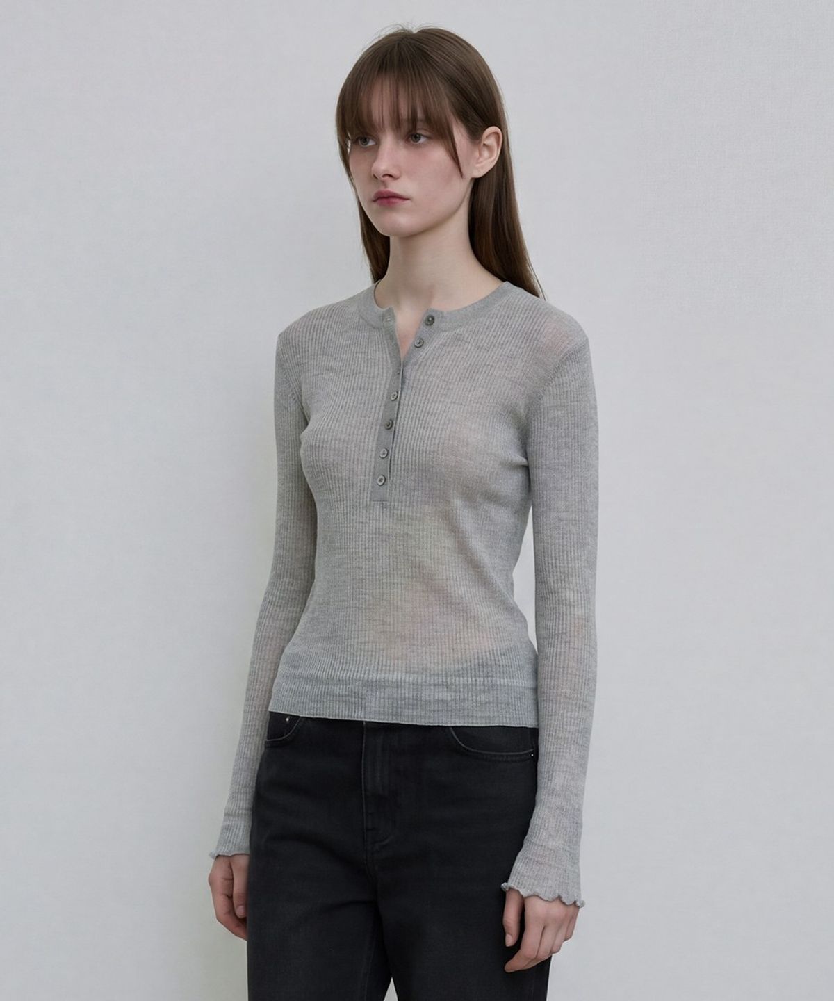 디에토(DEETO) Sheer Ribbed Henley Top [GREY]
