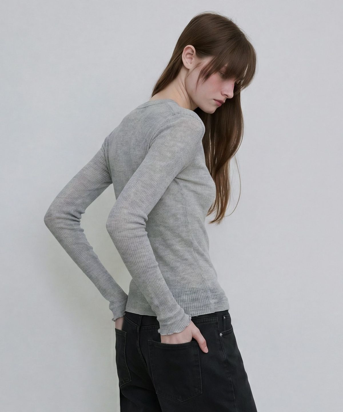 디에토(DEETO) Sheer Ribbed Henley Top [GREY]