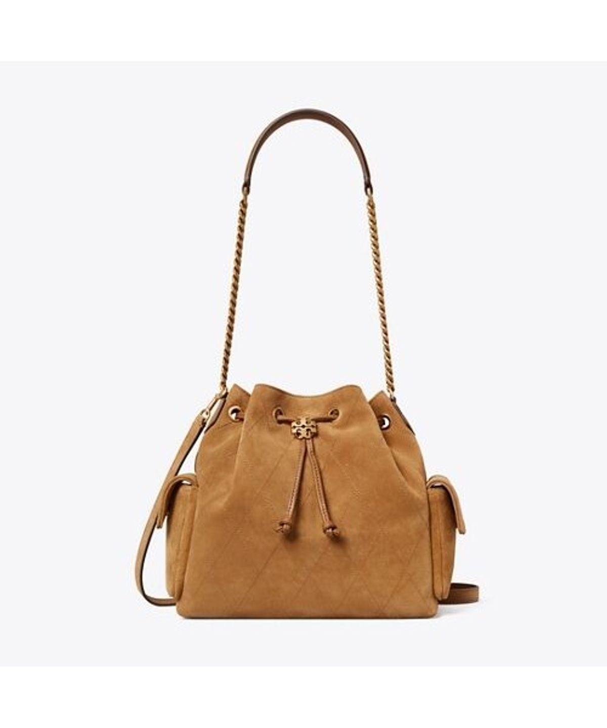 토리버치(TORYBURCH) 찰리 퀼티드 스웨이드 드로스트링 숄더백 - 토피