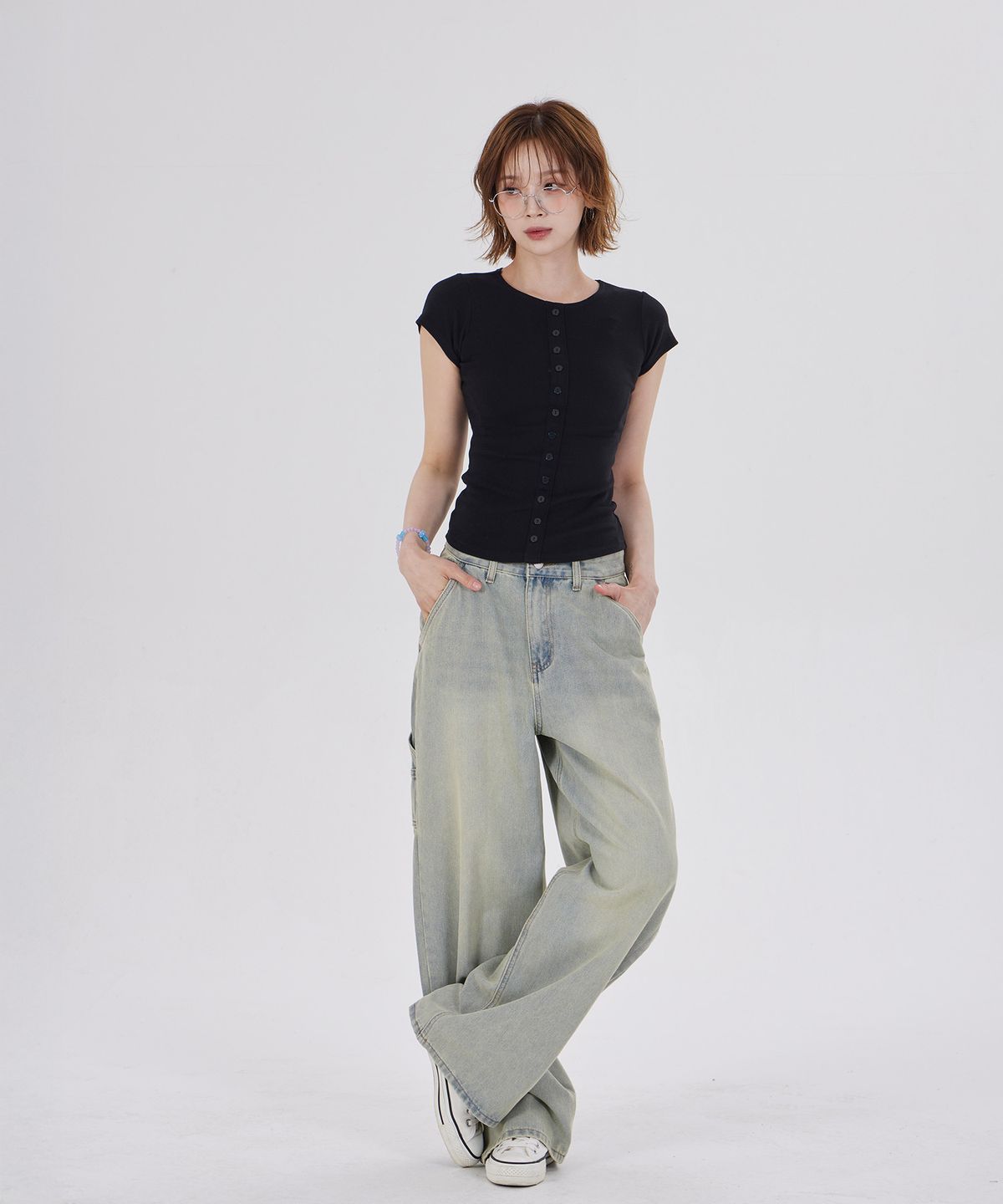 디스펑트(DYSFUNCT) BUTTON DETAIL CAP SLEEVES TOP(BLACK)