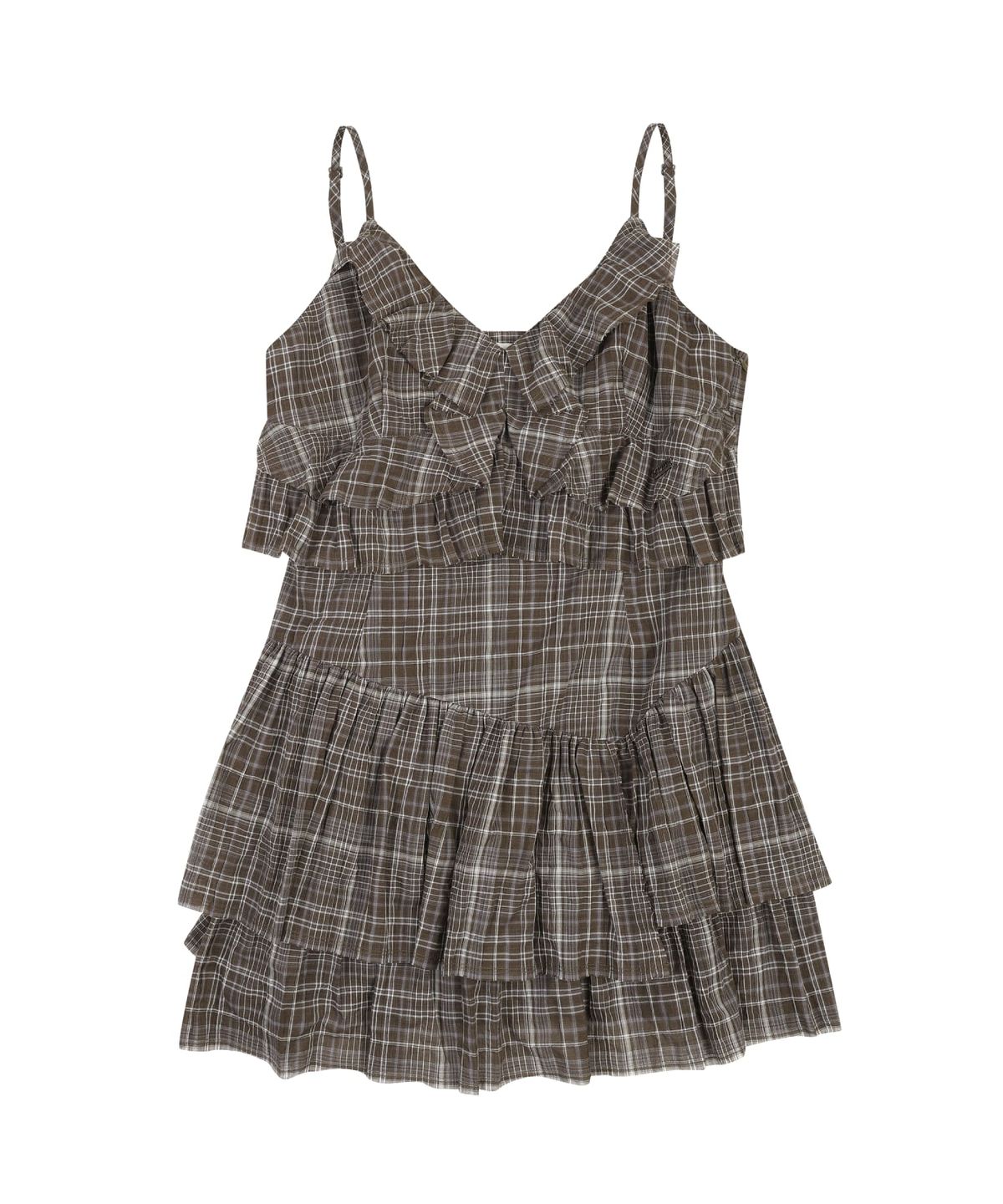 오디너리 홀리데이(ORDINARY HOLIDAY) CHECK RUFFLE DRESS [BROWN]