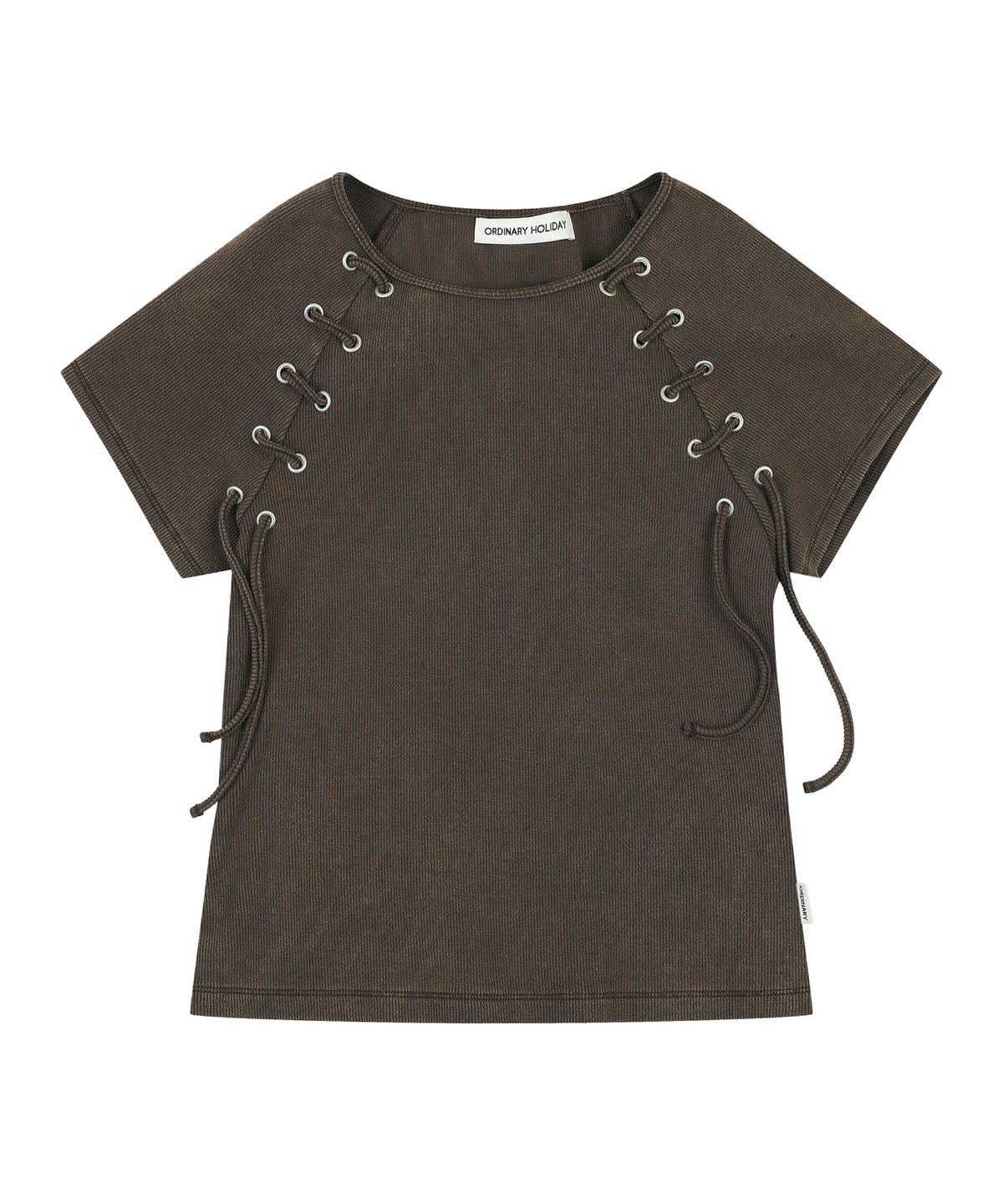 오디너리 홀리데이(ORDINARY HOLIDAY) LACE UP SLEEVES T-SHIRT [BROWN]