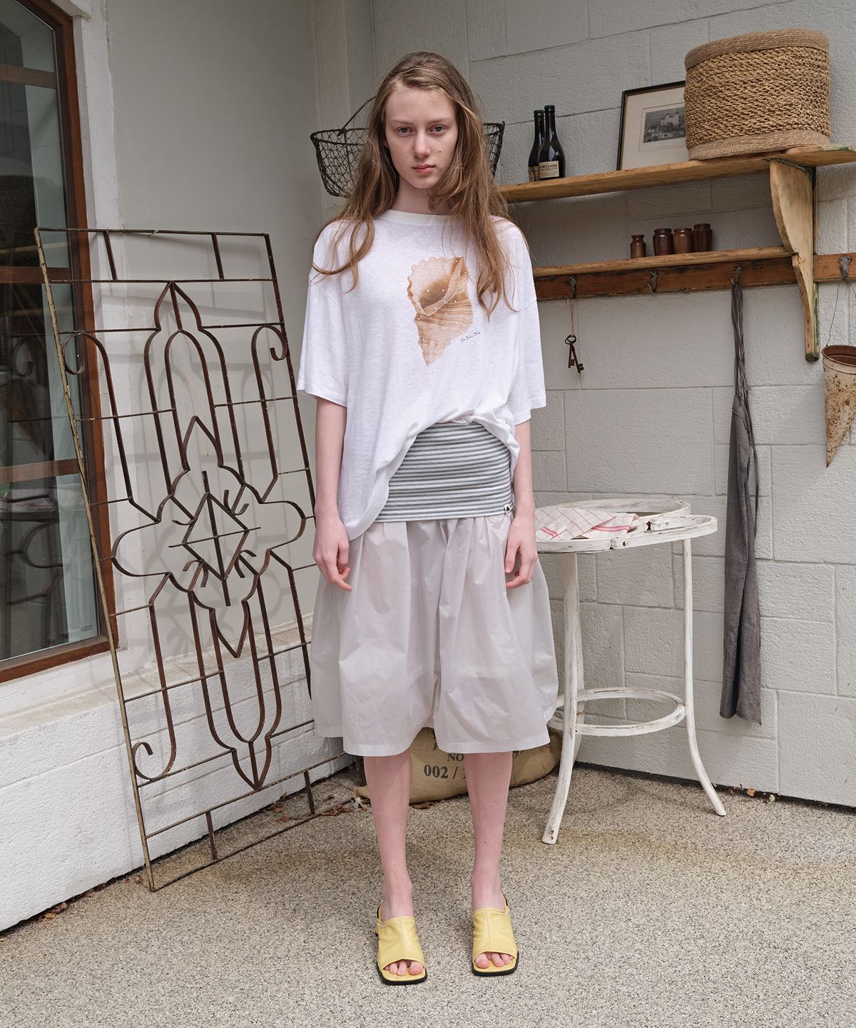 펀프롬펀(FUNFROMFUN) Folded Waist Midi Skirt, Light Grey