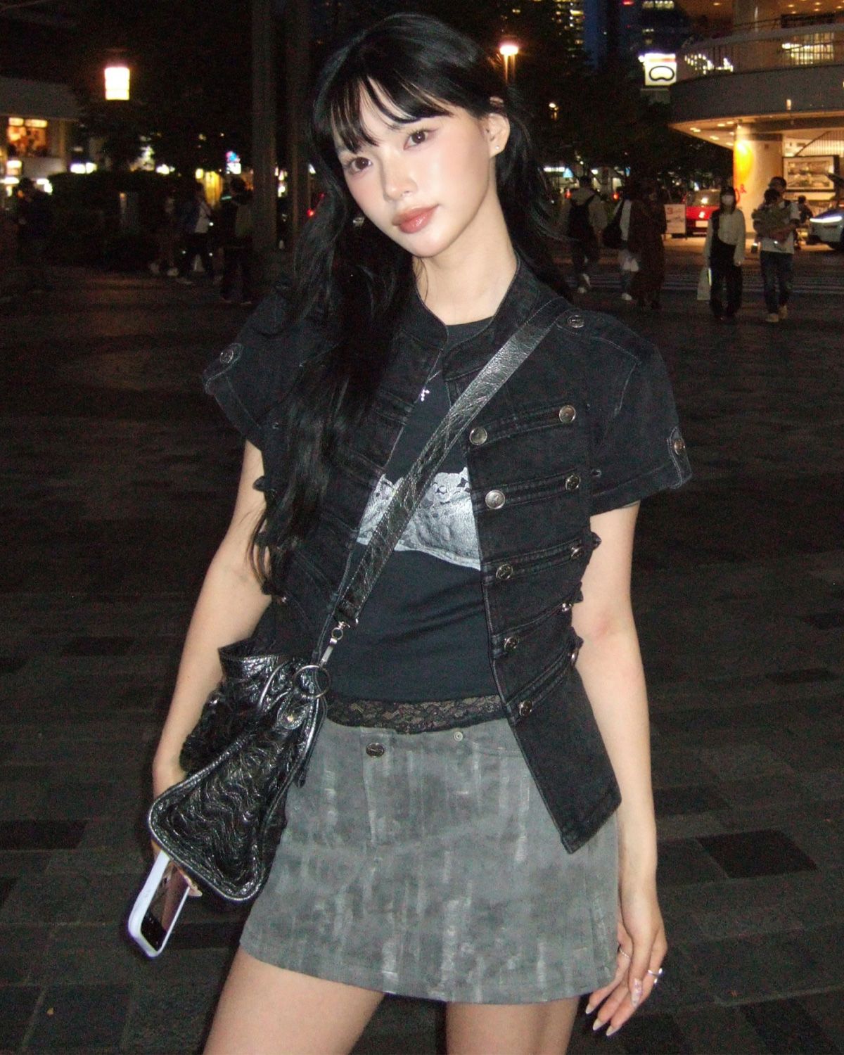 여린(YEORIN) Vintage Low Waist Mini Skirt (Charcoal)
