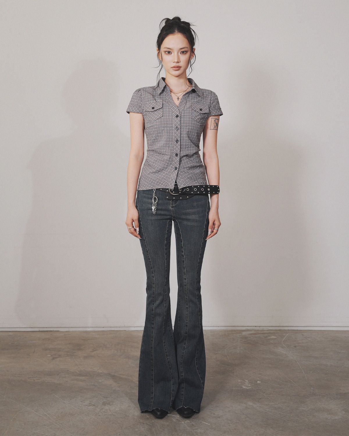 여린(YEORIN) Washed Slim Check Shirt (Vintage Purpl)