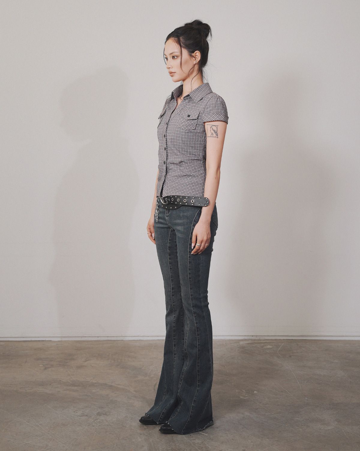 여린(YEORIN) Washed Slim Check Shirt (Vintage Purpl)