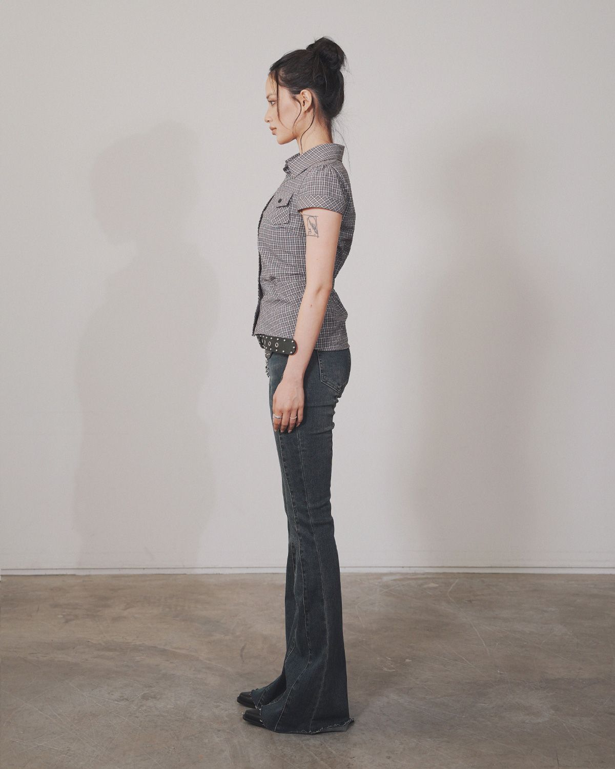 여린(YEORIN) Washed Slim Check Shirt (Vintage Purpl)