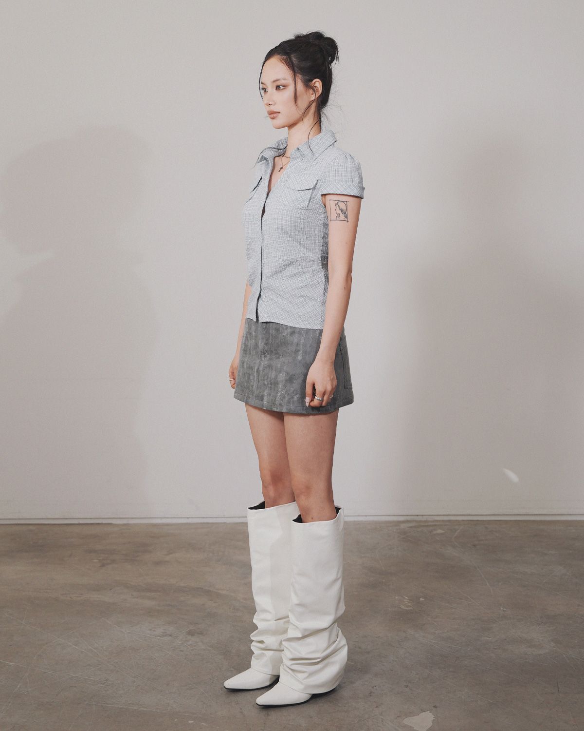 여린(YEORIN) Washed Slim Check Shirt (Sky Blue)