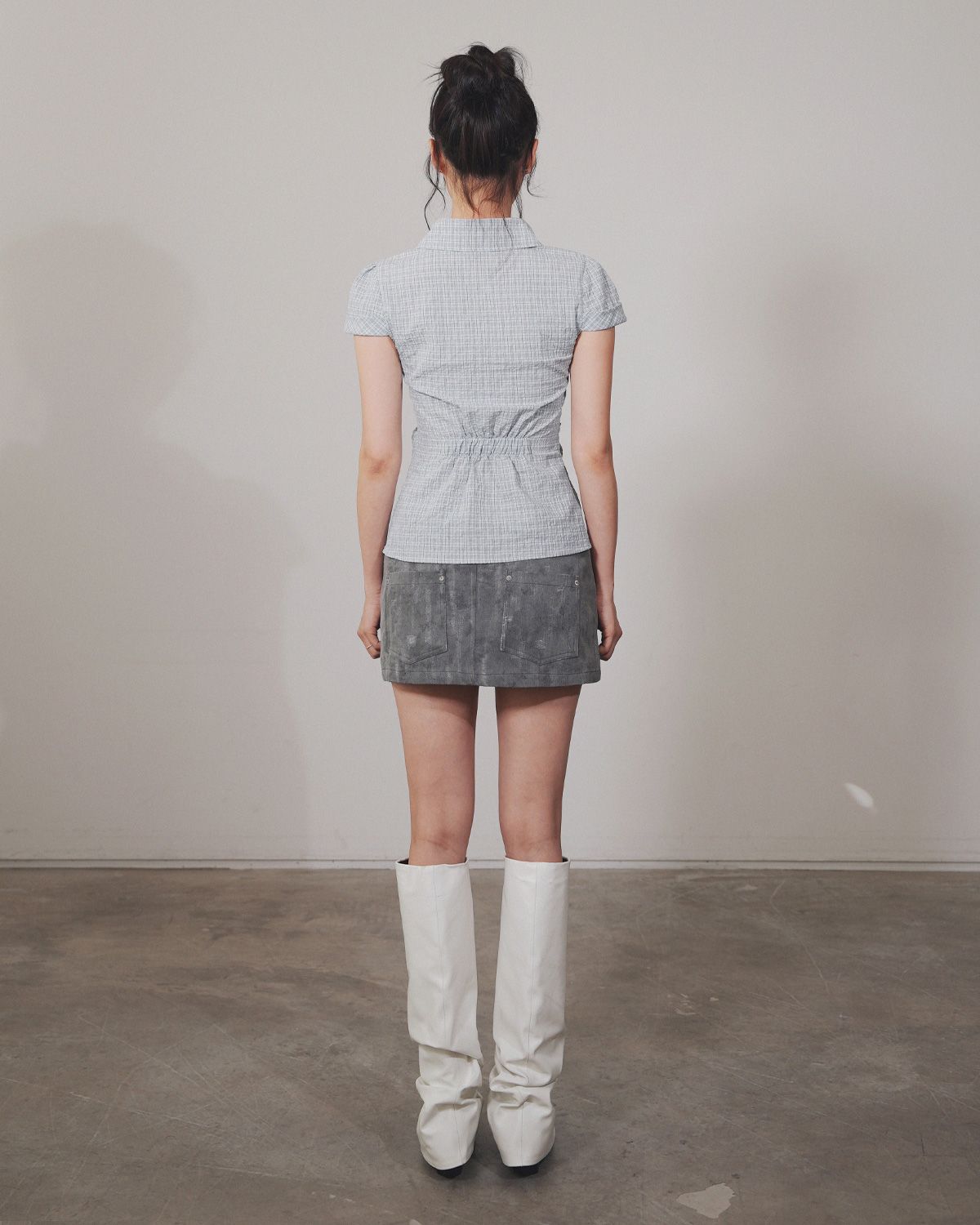 여린(YEORIN) Washed Slim Check Shirt (Sky Blue)