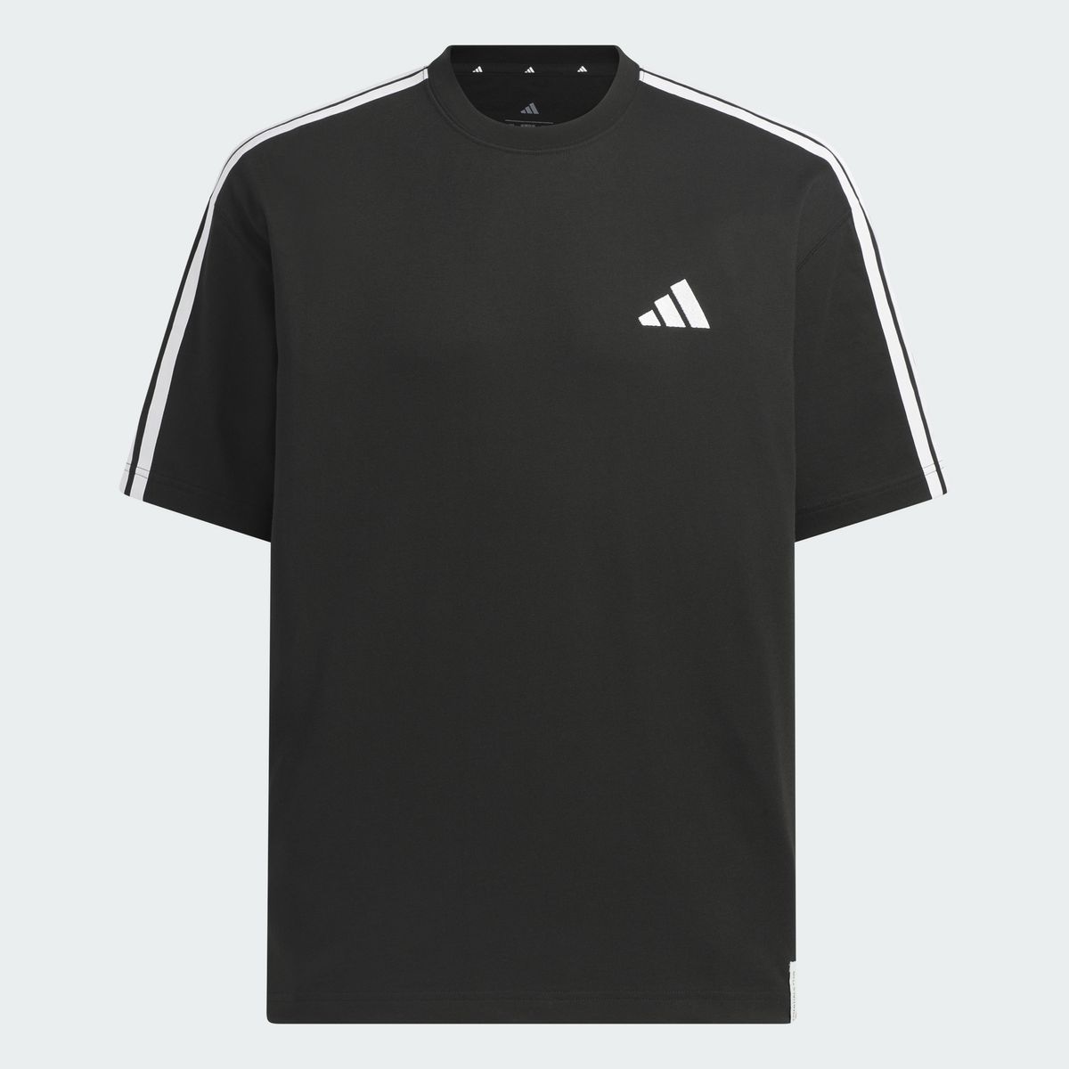 아디다스(ADIDAS) 에센셜 플러스 루스 핏 3-스트라이프 싱글 저지 쇼트 슬리브 티셔츠 KF3736