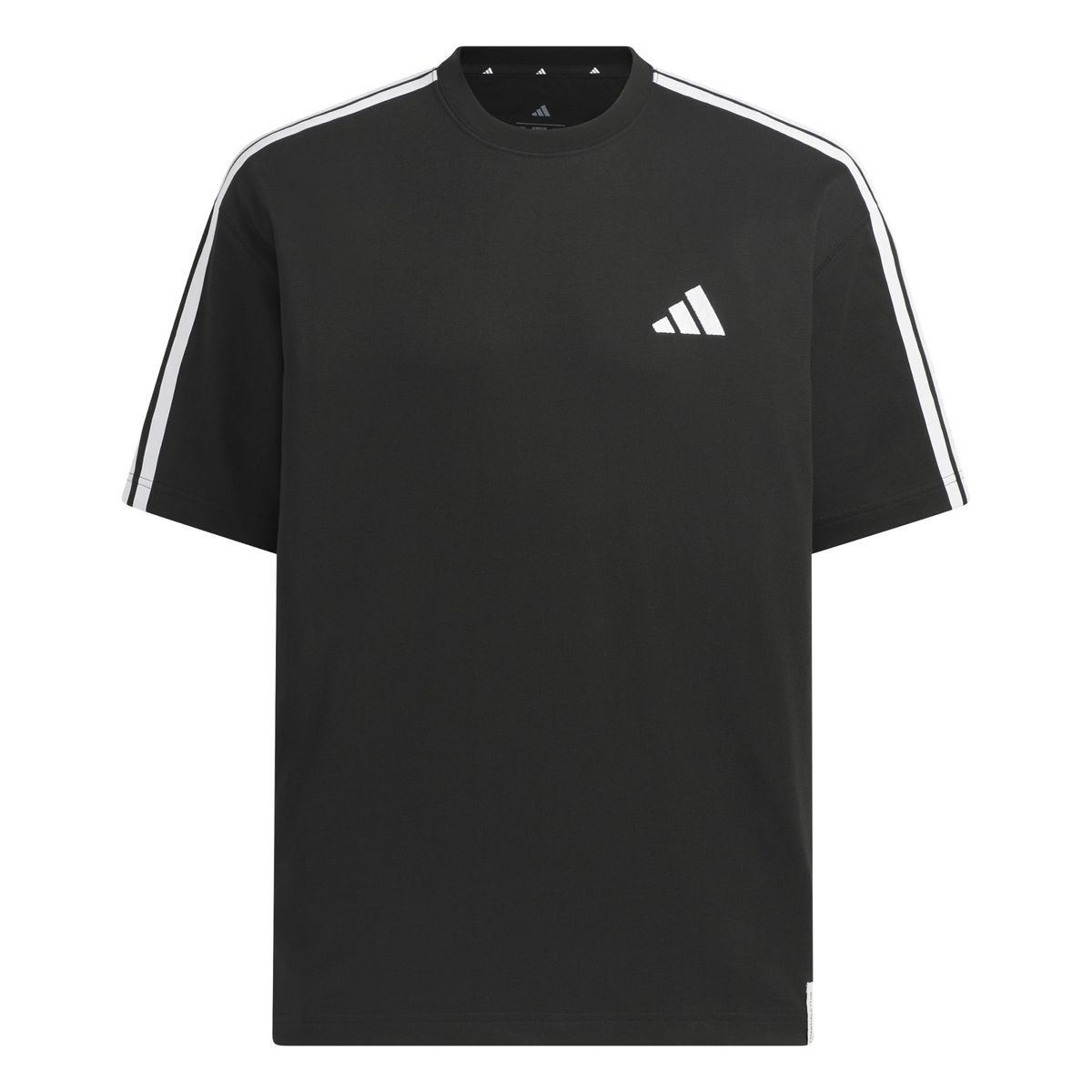 아디다스(ADIDAS) 에센셜 플러스 루스 핏 3-스트라이프 싱글 저지 쇼트 슬리브 티셔츠 KF3736