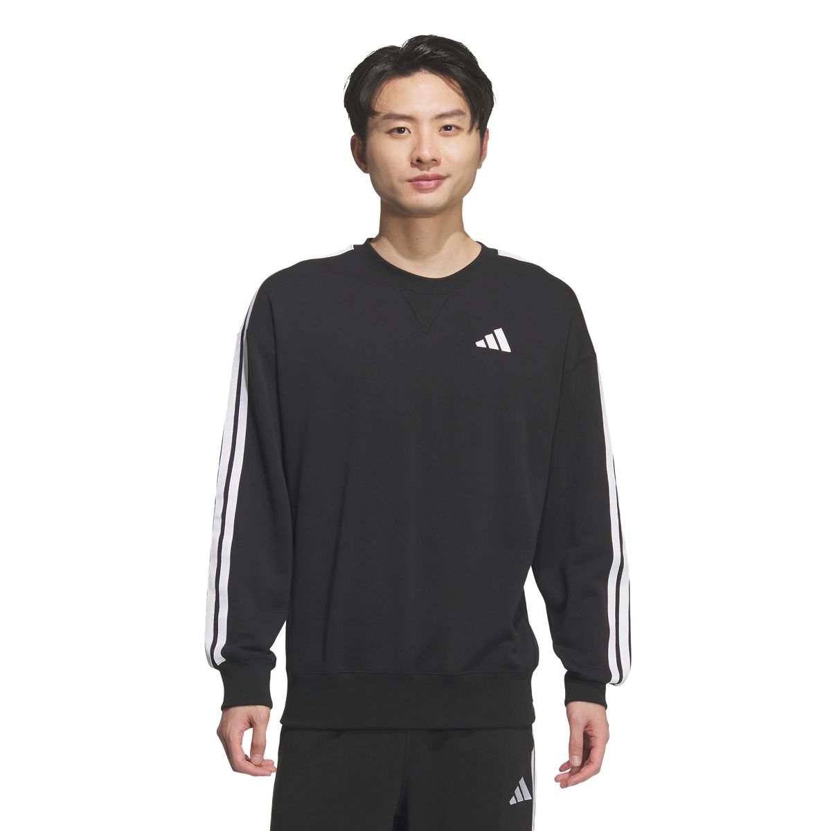 아디다스(ADIDAS) 에센셜 플러스 루스 핏 3-스트라이프 프렌치 테리 스웨트셔츠 KF3714
