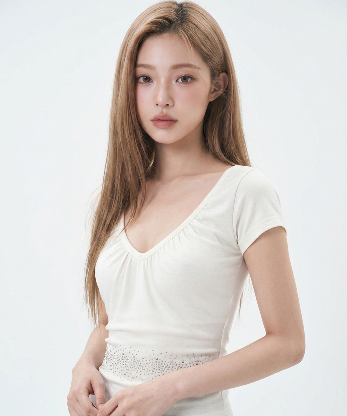 본슬리피(BORN SLIPPY) Crystal Line V Shirring Tee (Ivory)
