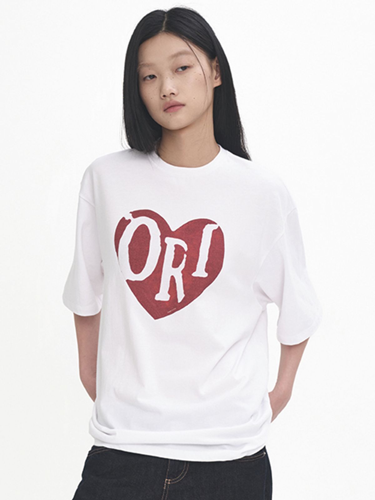 오라이(ORIGHH) 오버핏 빈티지 하트 프린팅 반팔 티셔츠(2size)