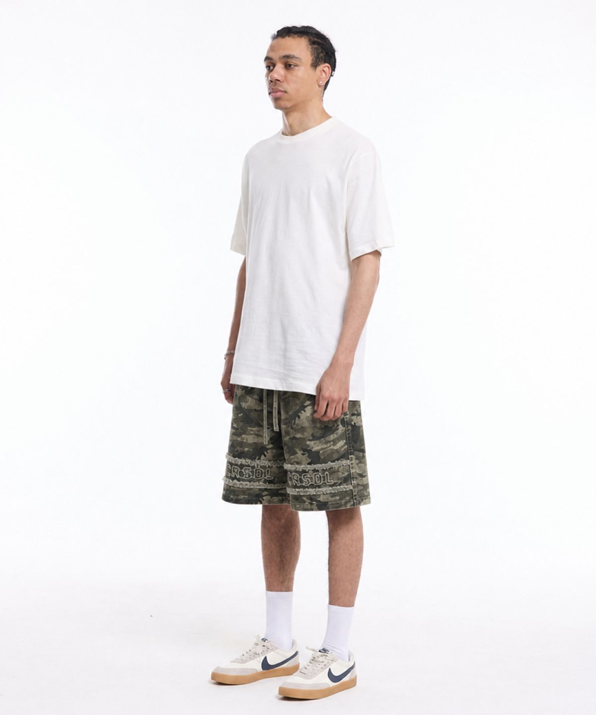 크림소다랩(CREAM SODA LAB) 씨알에스디엘 이니셜 아플리케 카모 숏팬츠 그레이
