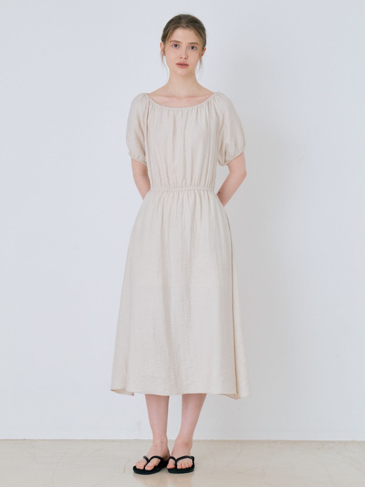 르세지엠(LESEIZEME) Linen Off-Shoulder Banding Long Dress - Beige