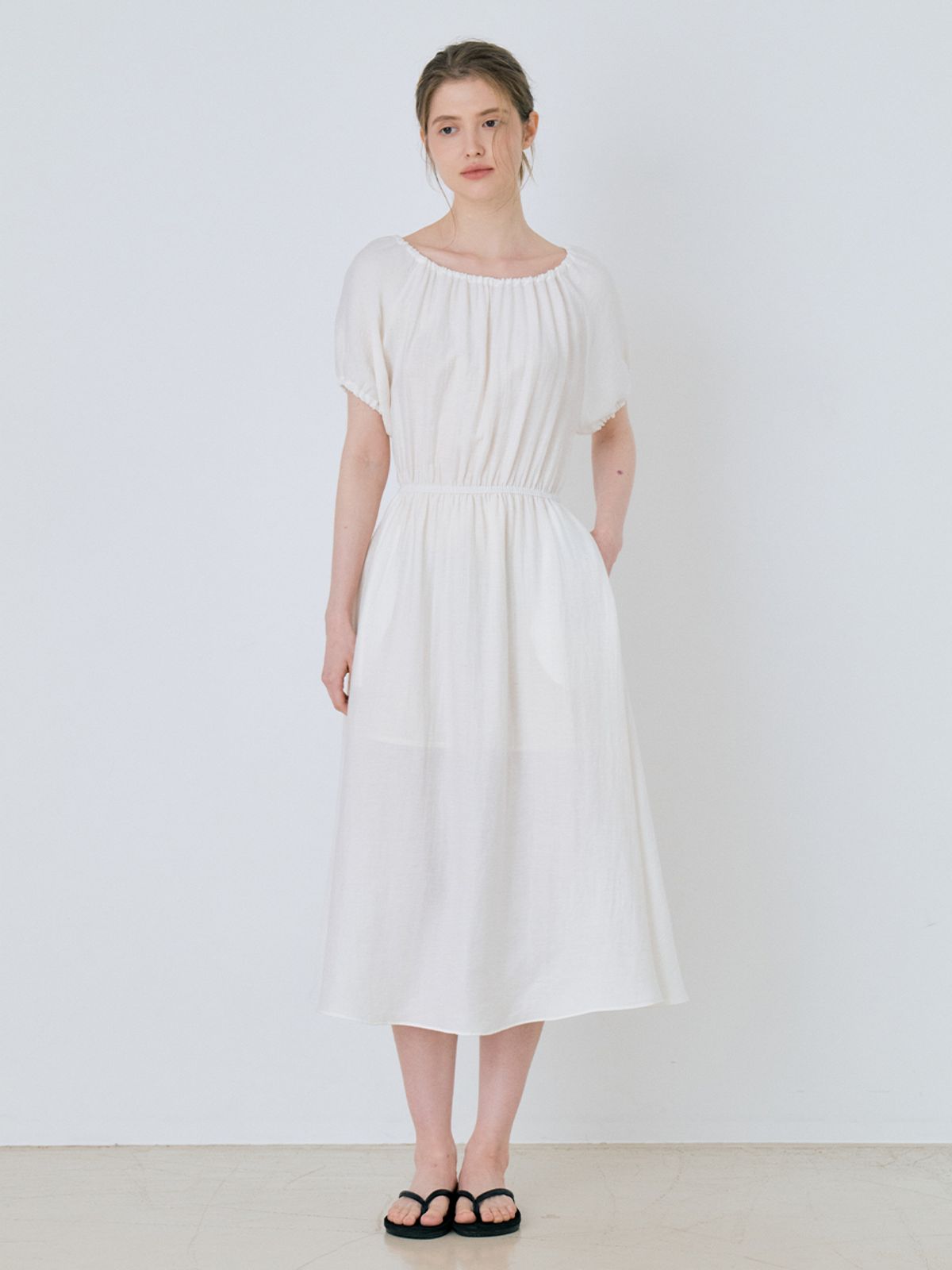 르세지엠(LESEIZEME) Linen Off-Shoulder Banding Long Dress - Ivory
