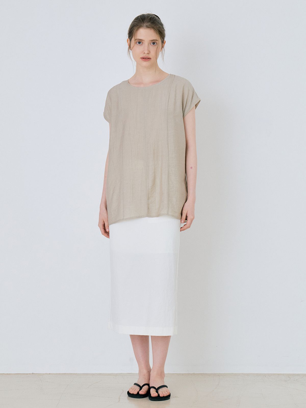 르세지엠(LESEIZEME) [SET-UP] Linen Wrap Half Sleeve Blouse - Light Khaki