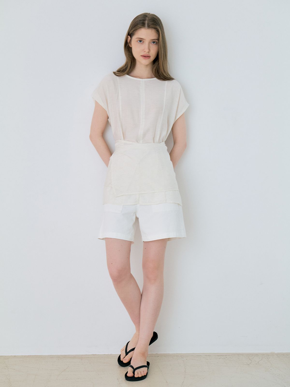 르세지엠(LESEIZEME) [SET-UP] Linen Wrap Half Sleeve Blouse - Cream