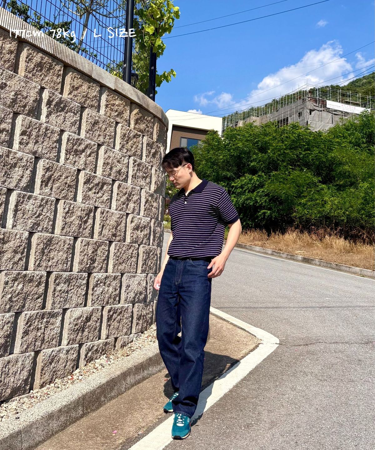 커즈넬로(CUZNELLO) 쿨 코튼 스트라이프 폴로 반팔 니트_네이비