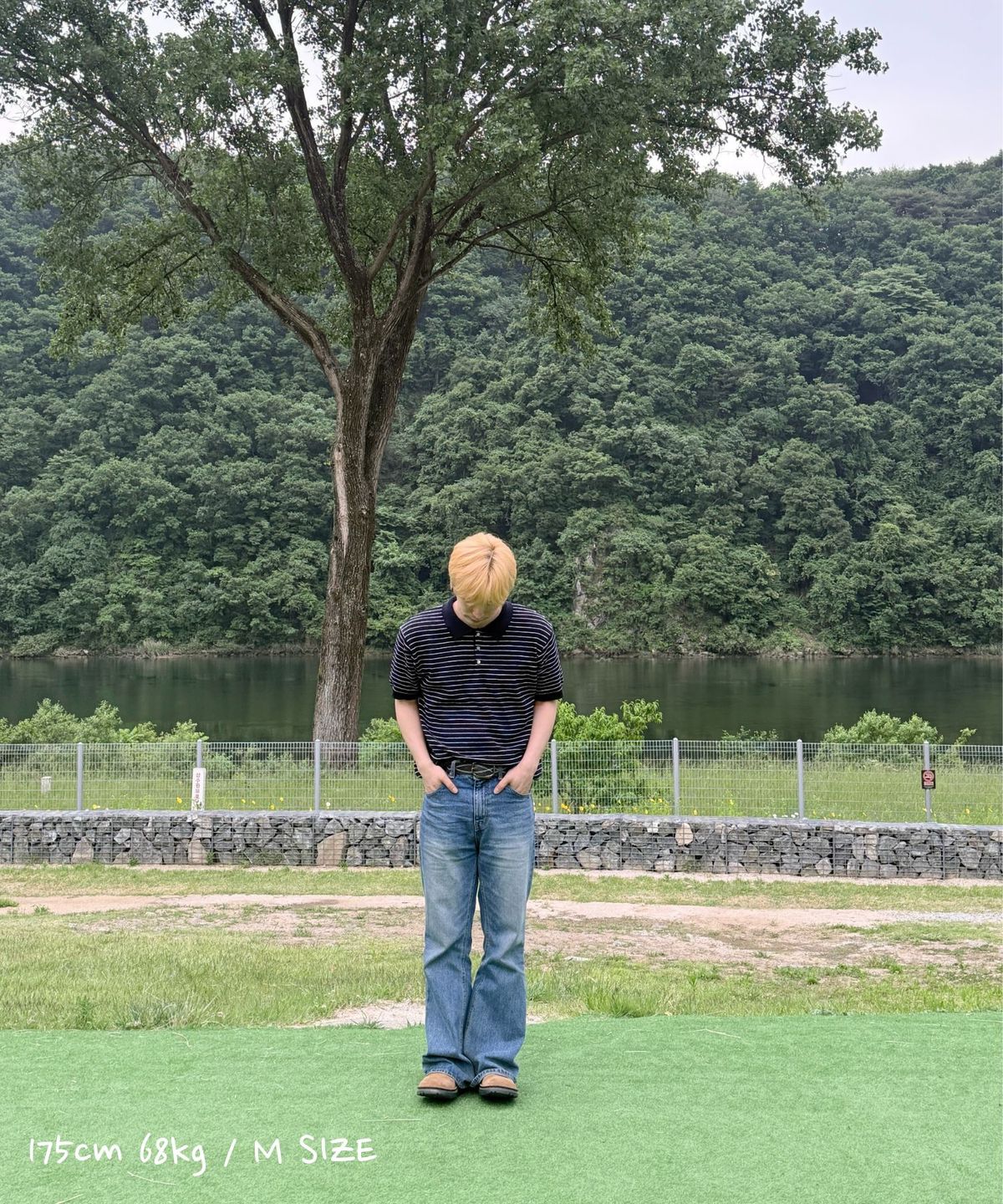 커즈넬로(CUZNELLO) 쿨 코튼 스트라이프 폴로 반팔 니트_네이비